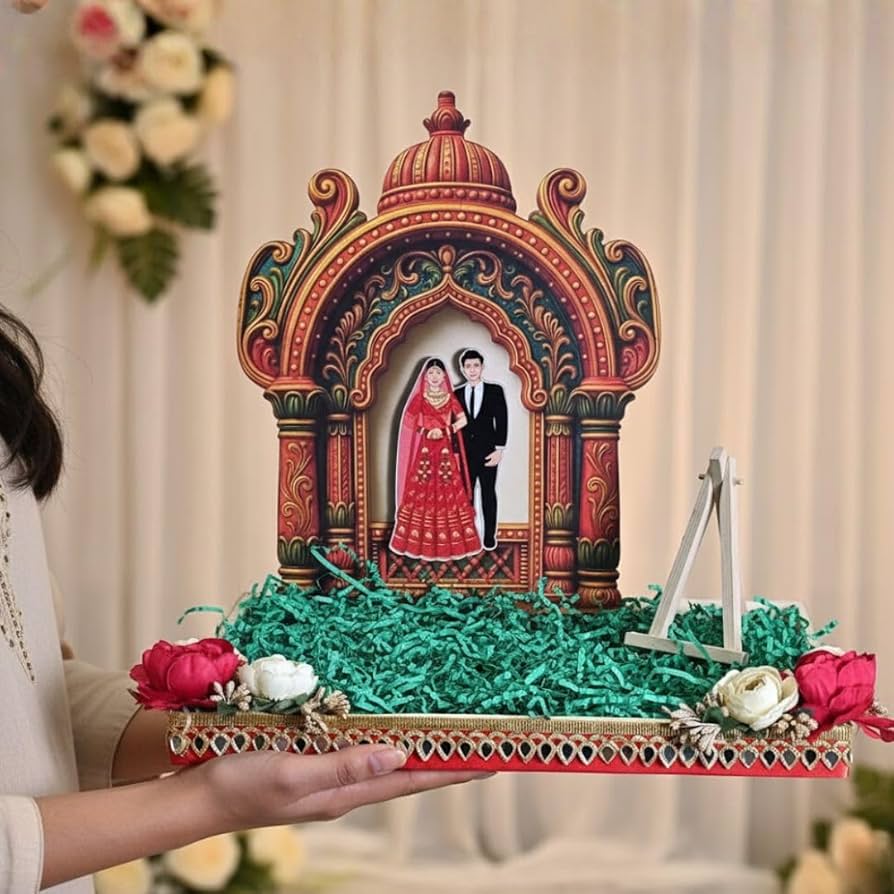 Handcrafted mandap-style engagement photo frame tray