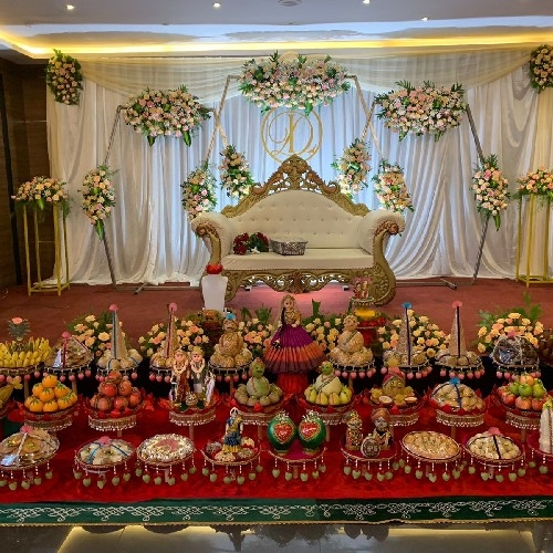 Seemantham stage with elaborate plated trays